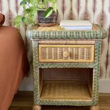 Set of 2 vintage woven rattan bedside tables.
