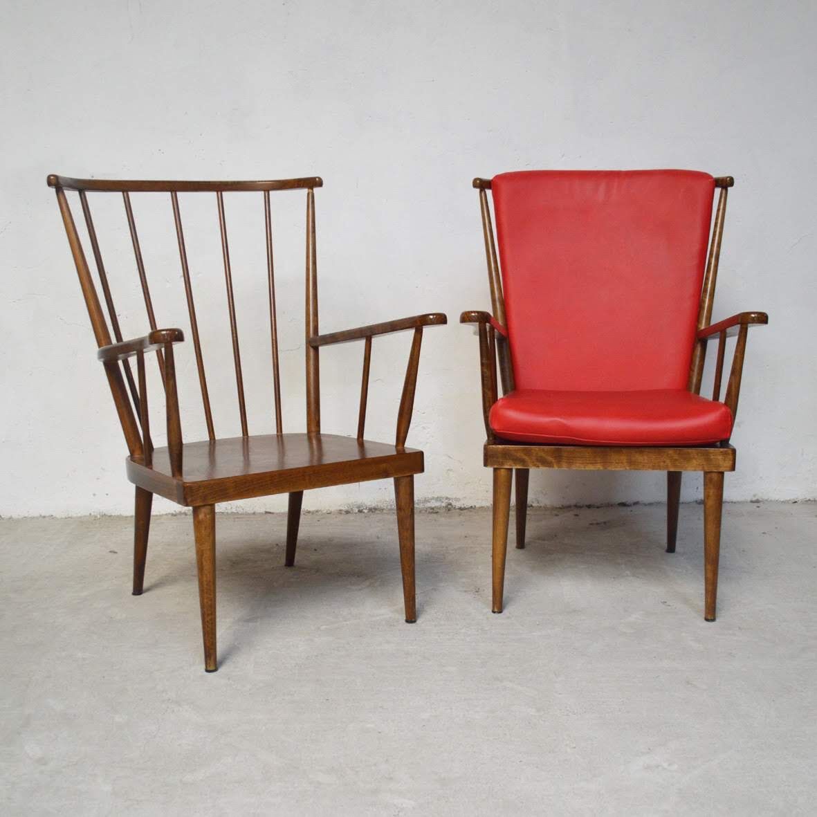 Fauteuils « Éventail »  Baumann rouge et jaune orangé années 80