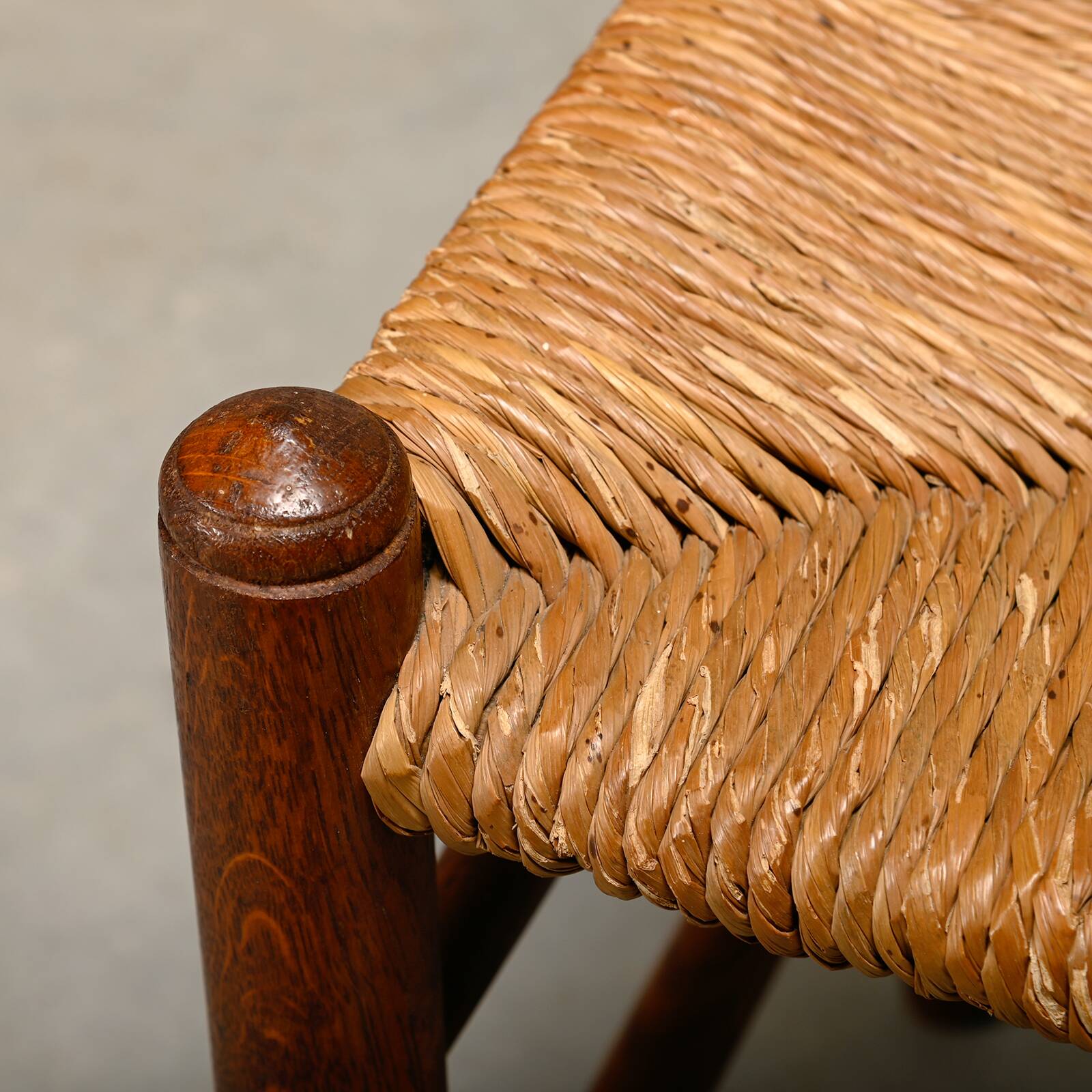 Rustic Armchair and Stool in stained oak and rush, France 1950s