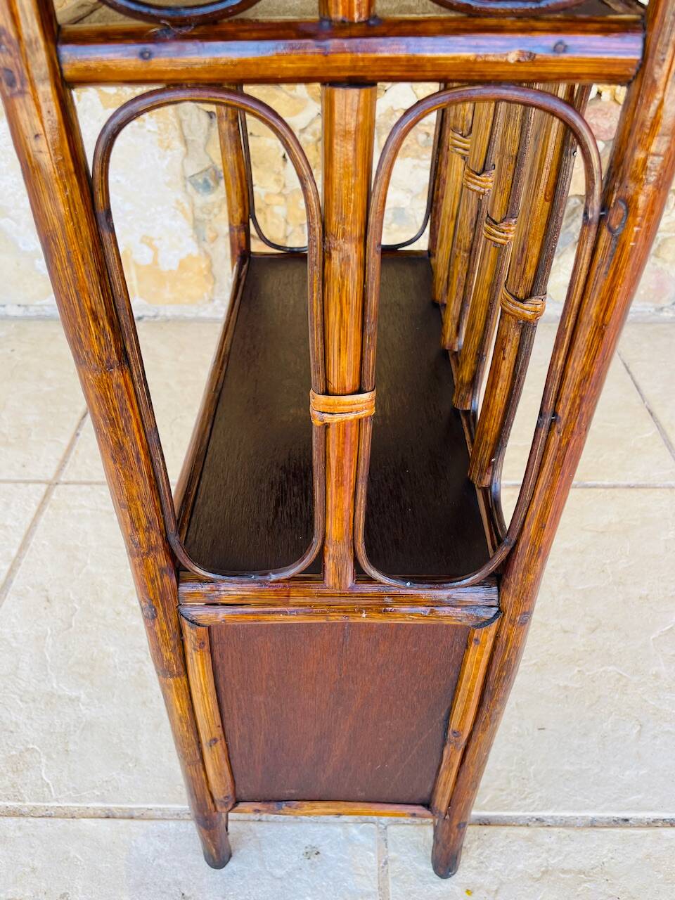 Vintage two-tier bamboo and rattan shelf with storage, Circa 1960