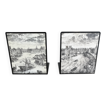 Bookends 1960 between Fornasetti's grey and Toile de Jouy views of Paris.