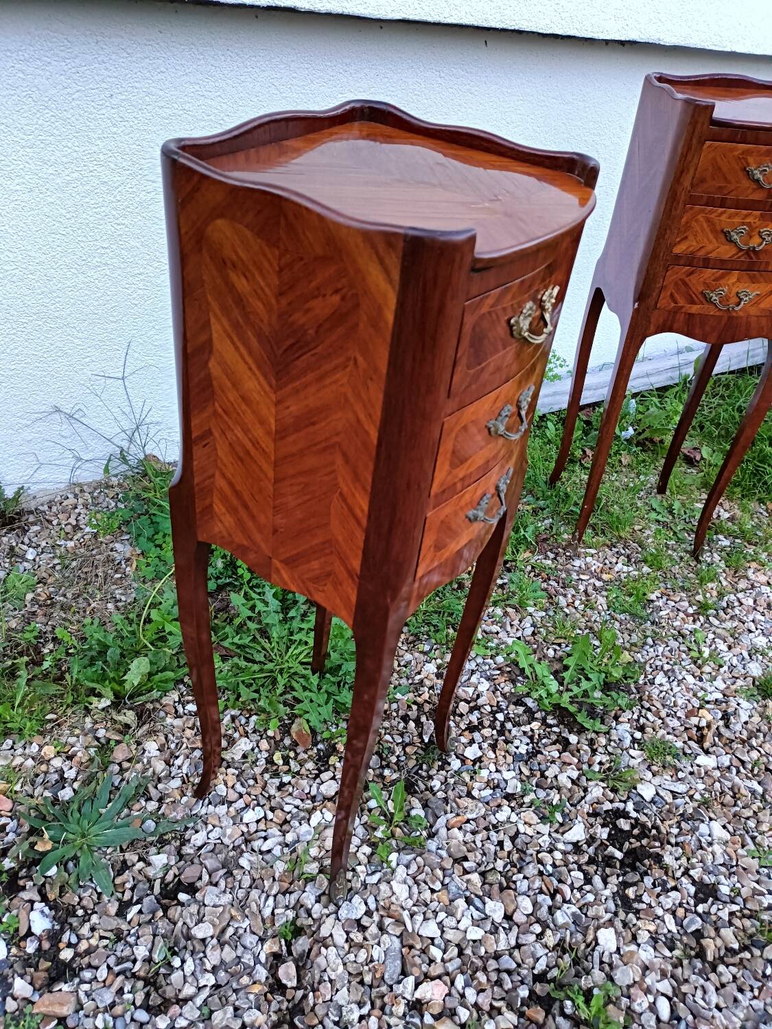 Pair of bedside tables in old Louis XV style marquetry