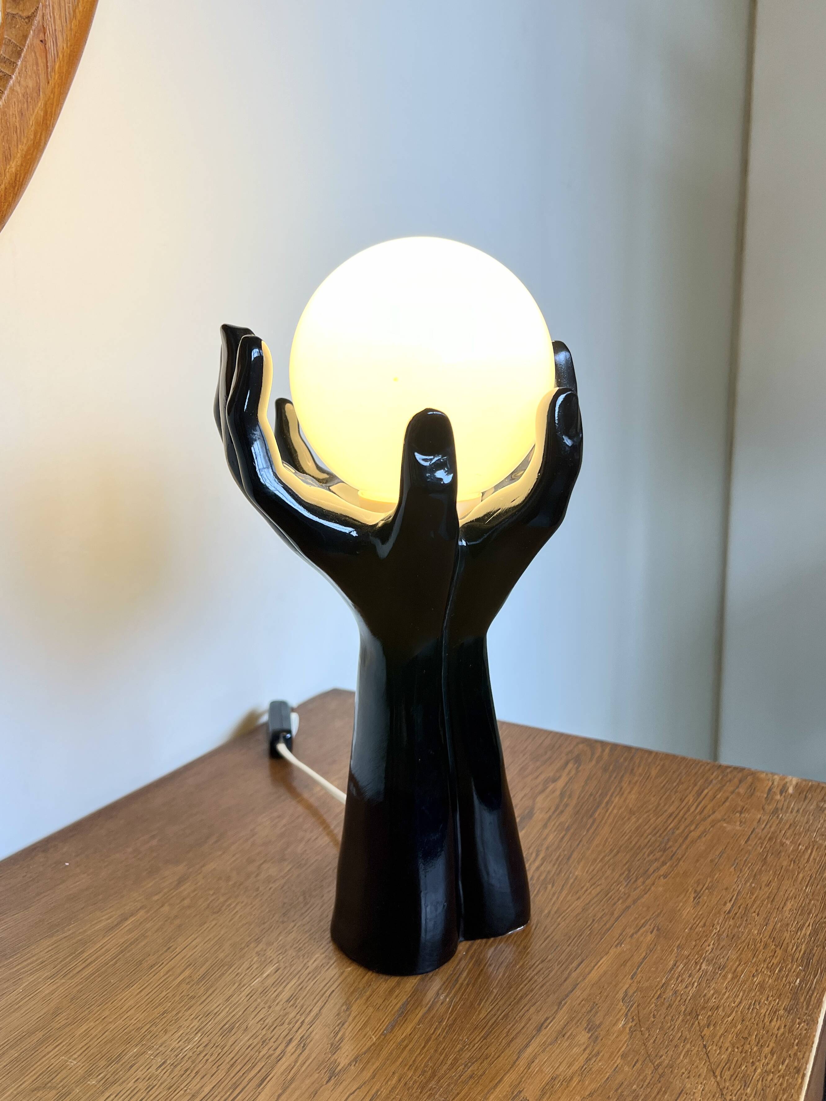 Black Ceramic Lamp with Hands & Opaline Globe – 70s Art Deco Style