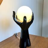 Black Ceramic Lamp with Hands & Opaline Globe – 70s Art Deco Style