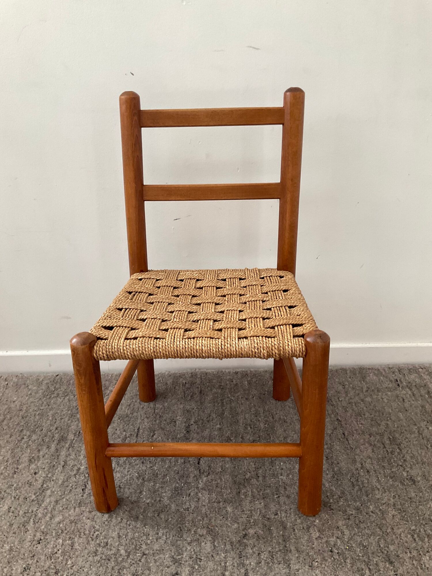 Scandinavian wooden chair and braided rope seat 70s