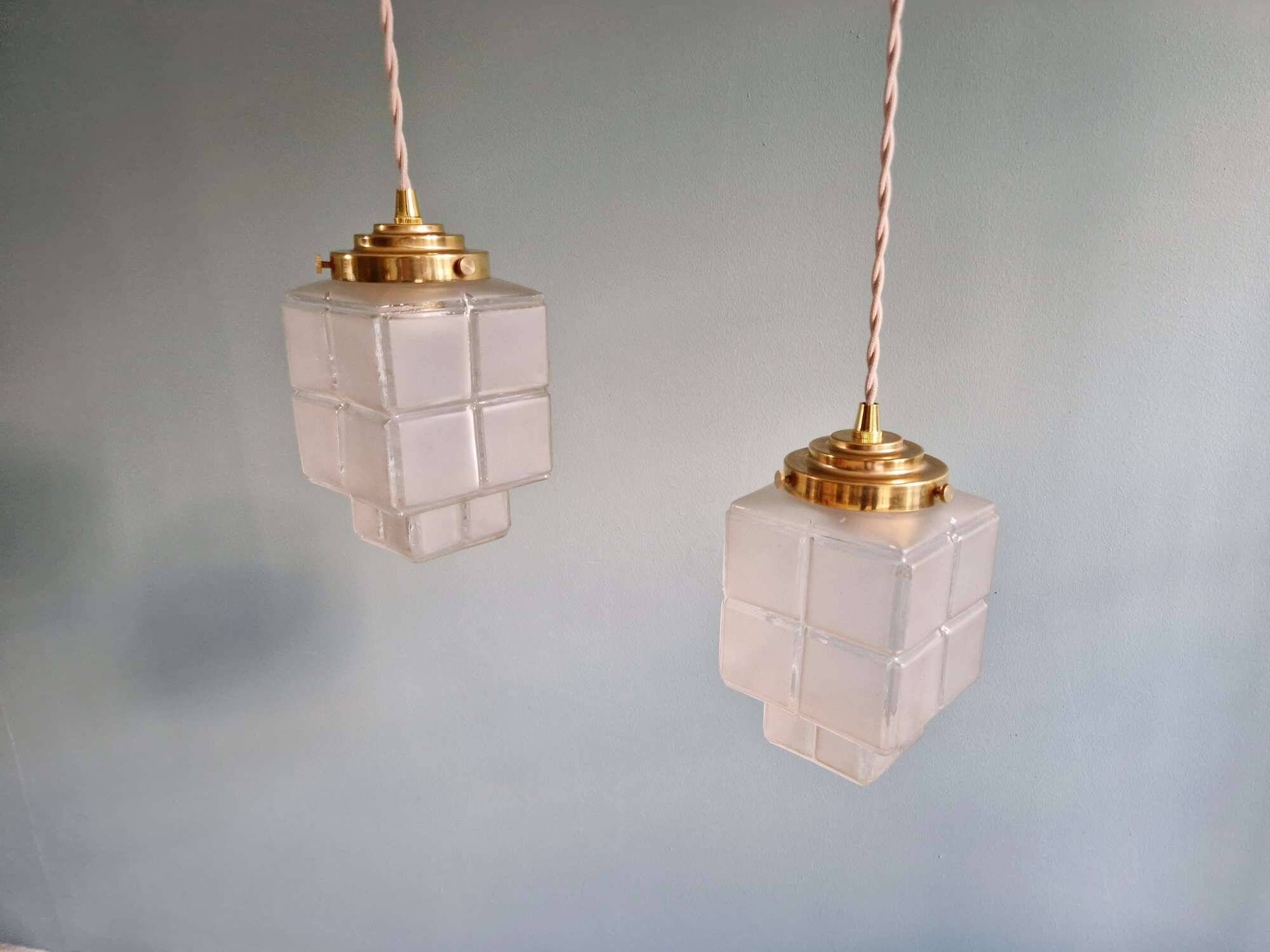 Pair of Art Deco Skyscraper satin glass pendant lights, 1930s