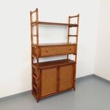 Large vintage rattan, wood and cane bookcase from the 70s