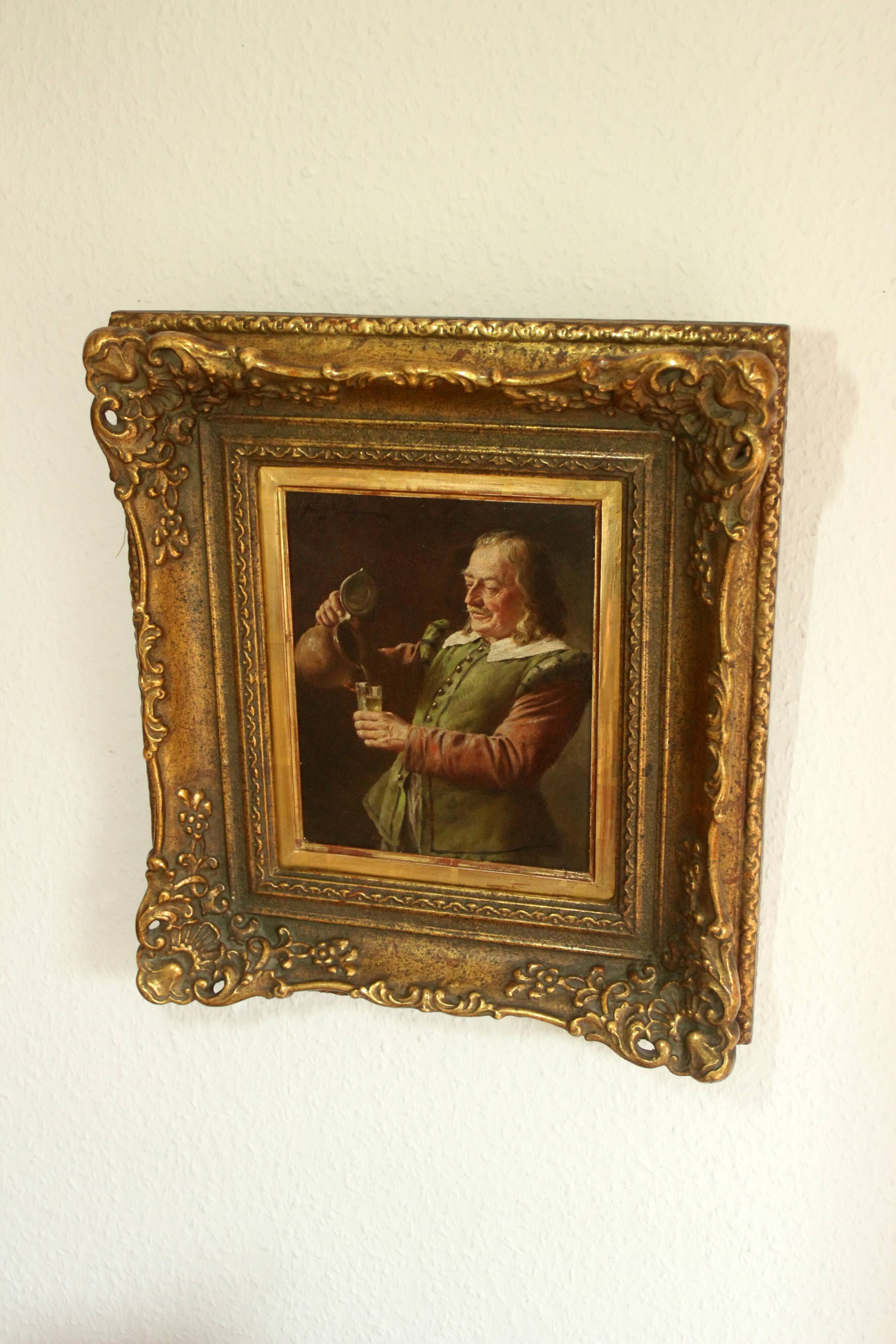 Painting by Fritz Wagner (1896-1939) - oil on wood - signed - wine tasting