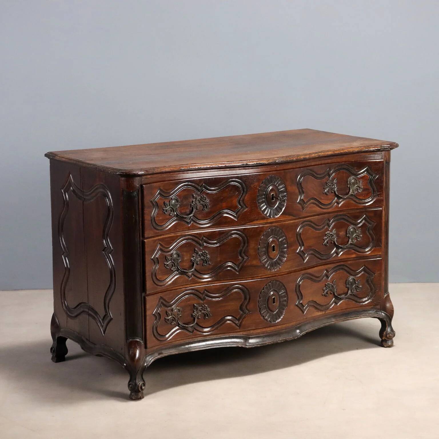 Antique baroque walnut commode, France, 18th century