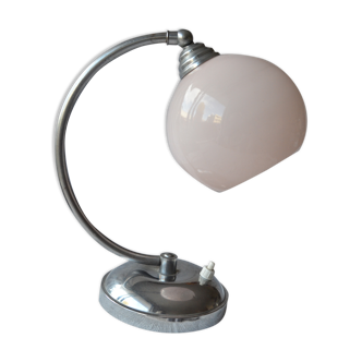 Lampe de table art déco chromée opaline rose 1930