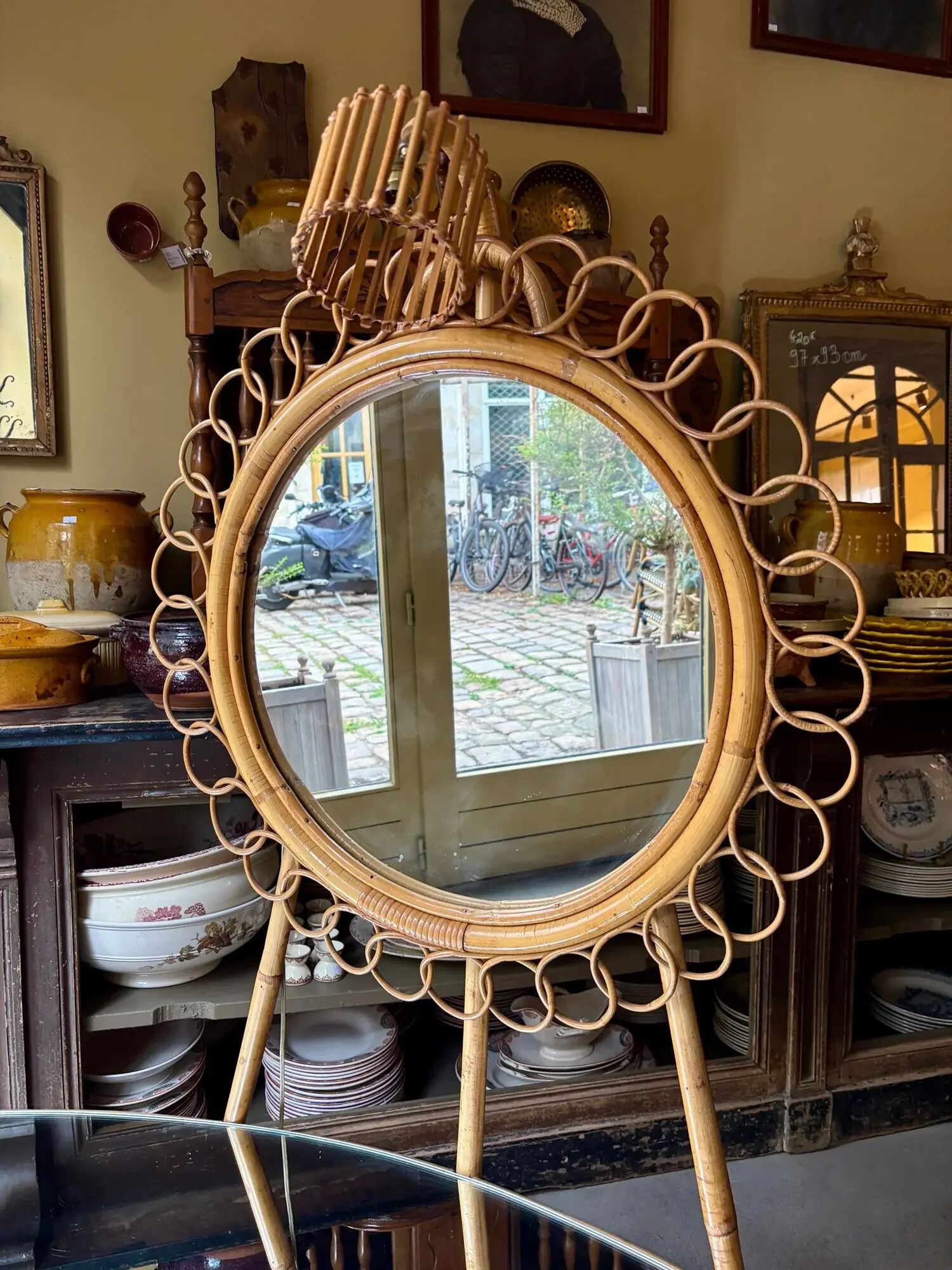 Bamboo, rattan and mirror dressing table with lighting in the style of Audoux-Minet, 1960s.