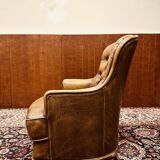 Fauteuil Chesterfield anglais en cuir marron
