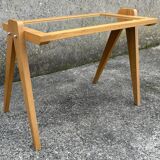 Small coffee table, wood, compass legs and mirror, vintage, 1960s