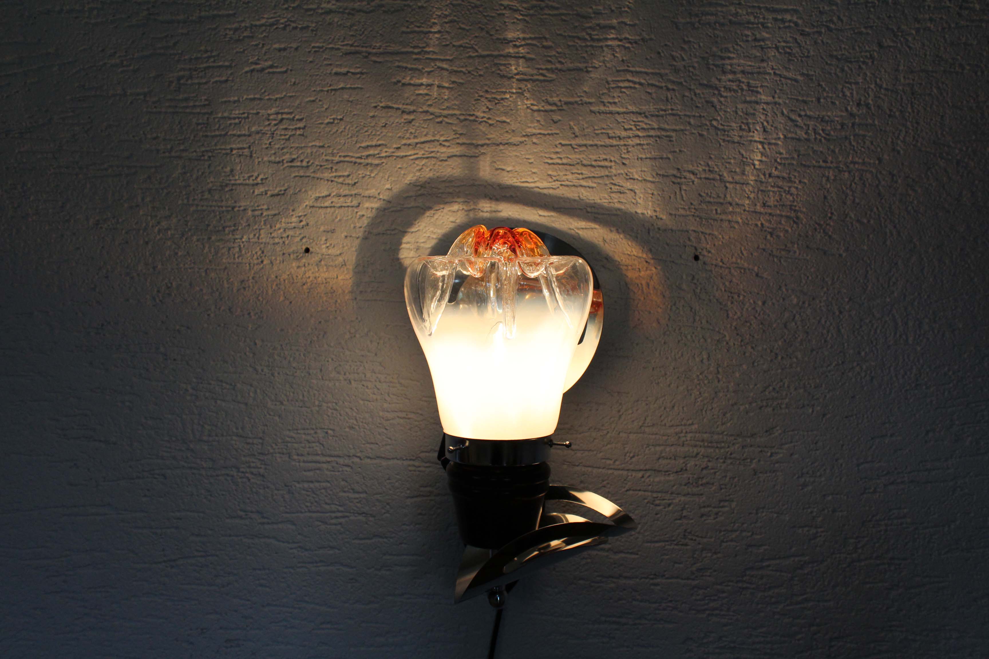 Pair of opal glass and solid wood wall lamps