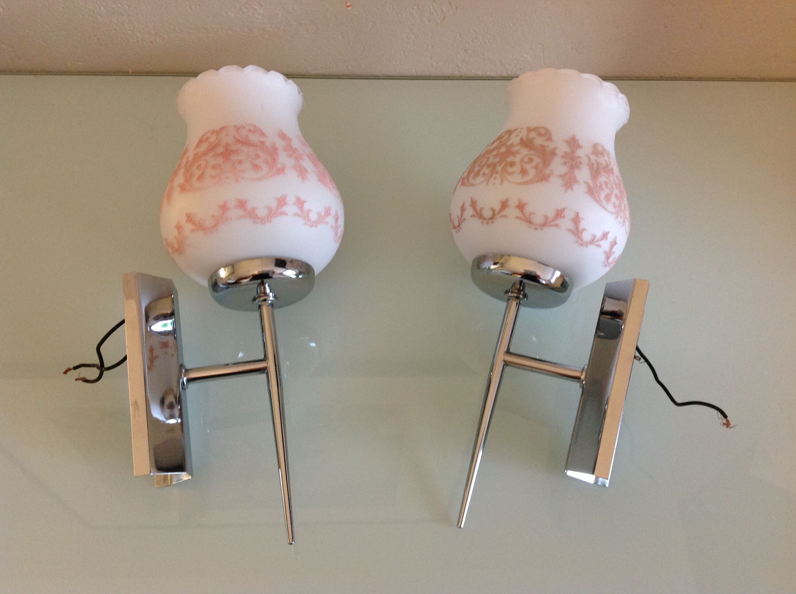 Pair of white opaline and chromed metal / vintage wall lamp 60s-70s