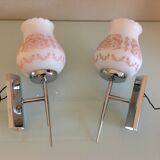 Pair of white opaline and chromed metal / vintage wall lamp 60s-70s