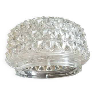 Plafonnier rond en verre épais. décor floral sur le dessus et pointes de diamant