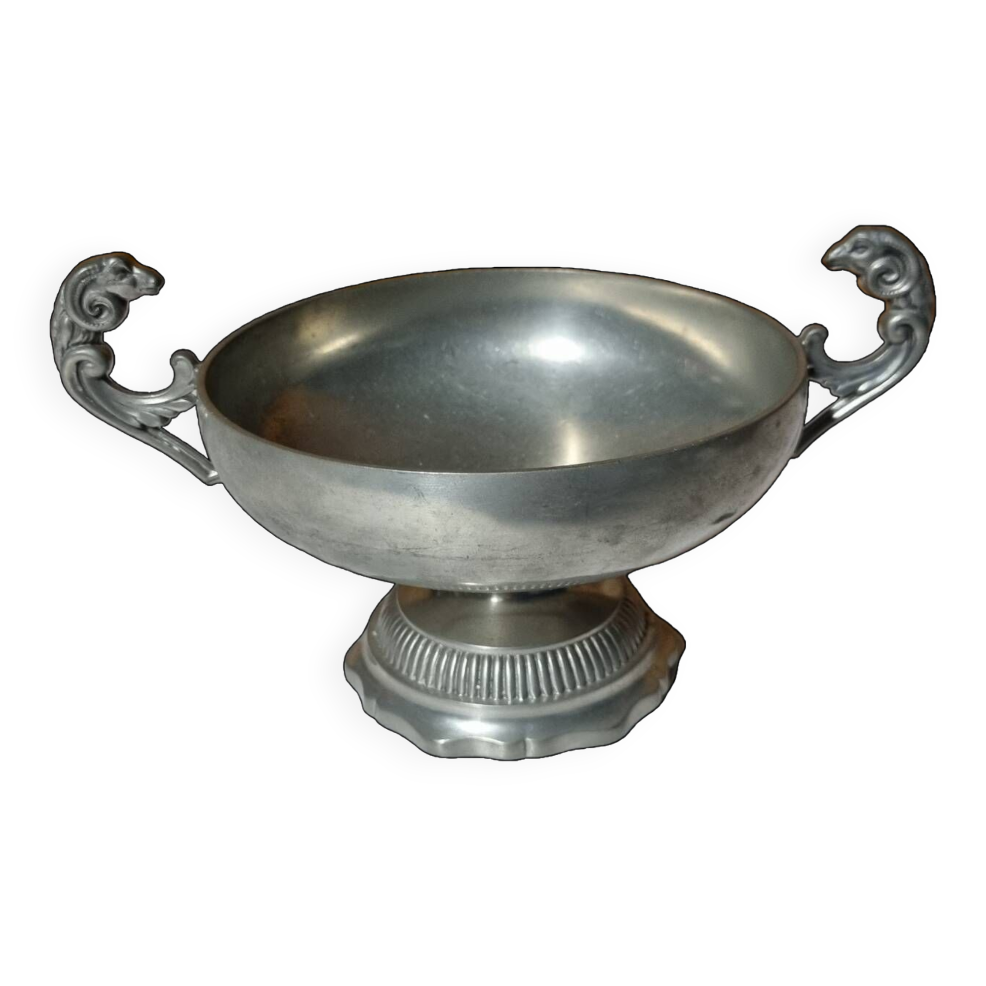 Burgundy footed cup in pewter with ram's head
