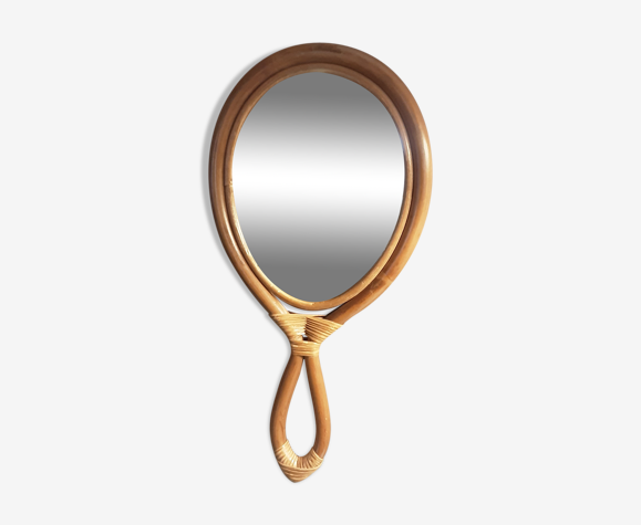 Miroir face à main - rotin - année 70