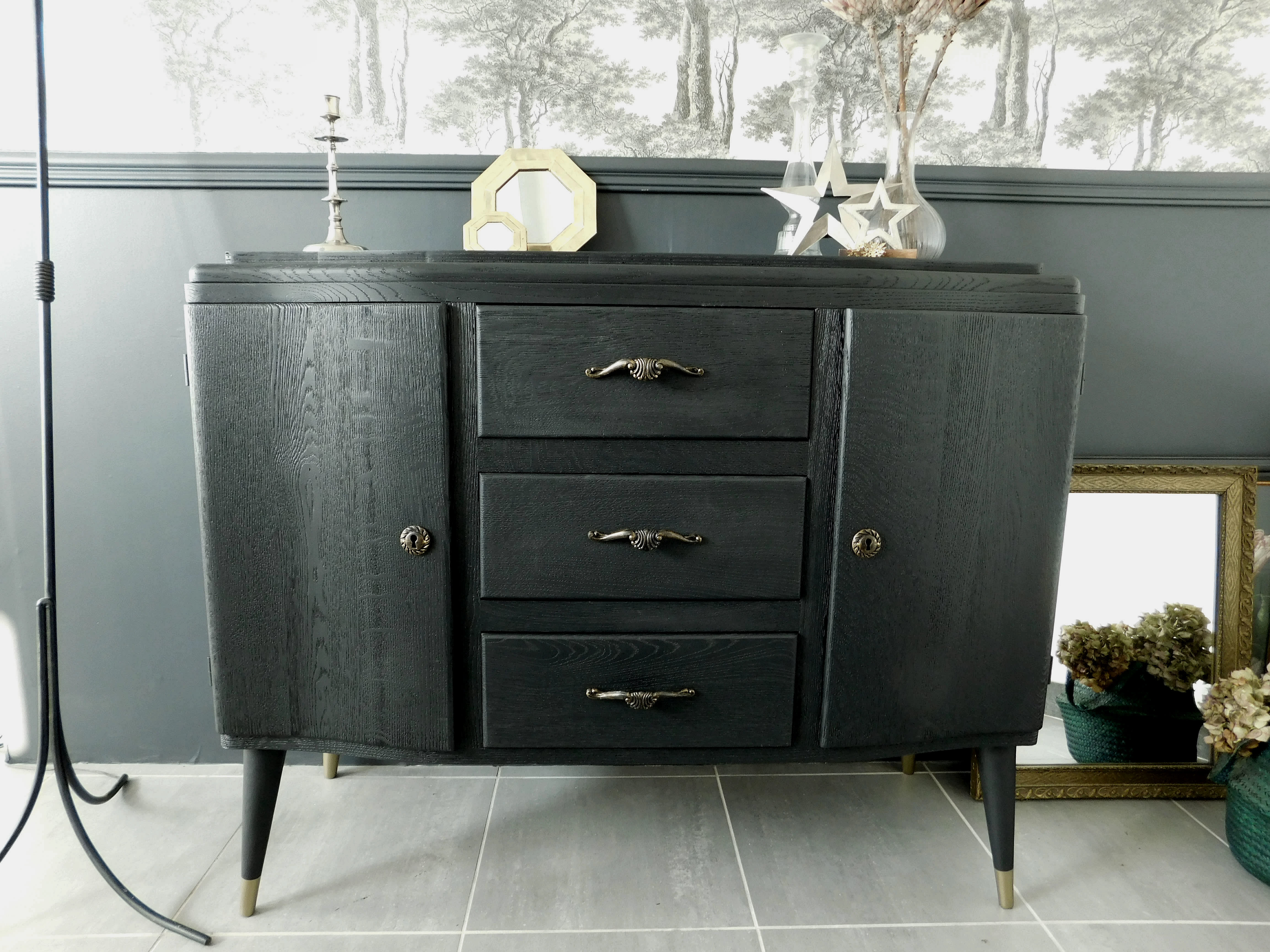 Black vintage solid oak dresser