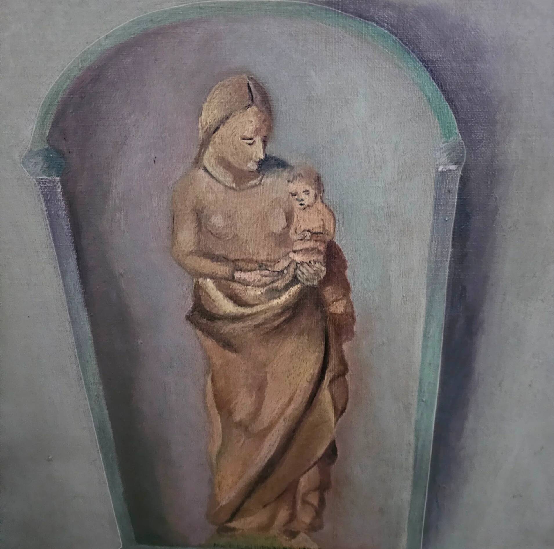 Jolie Laide / peinture à l'huile sur toile nature morte / iconographie religieuse avec des objets du quotidien / années 1930 / hauteur 155 cm