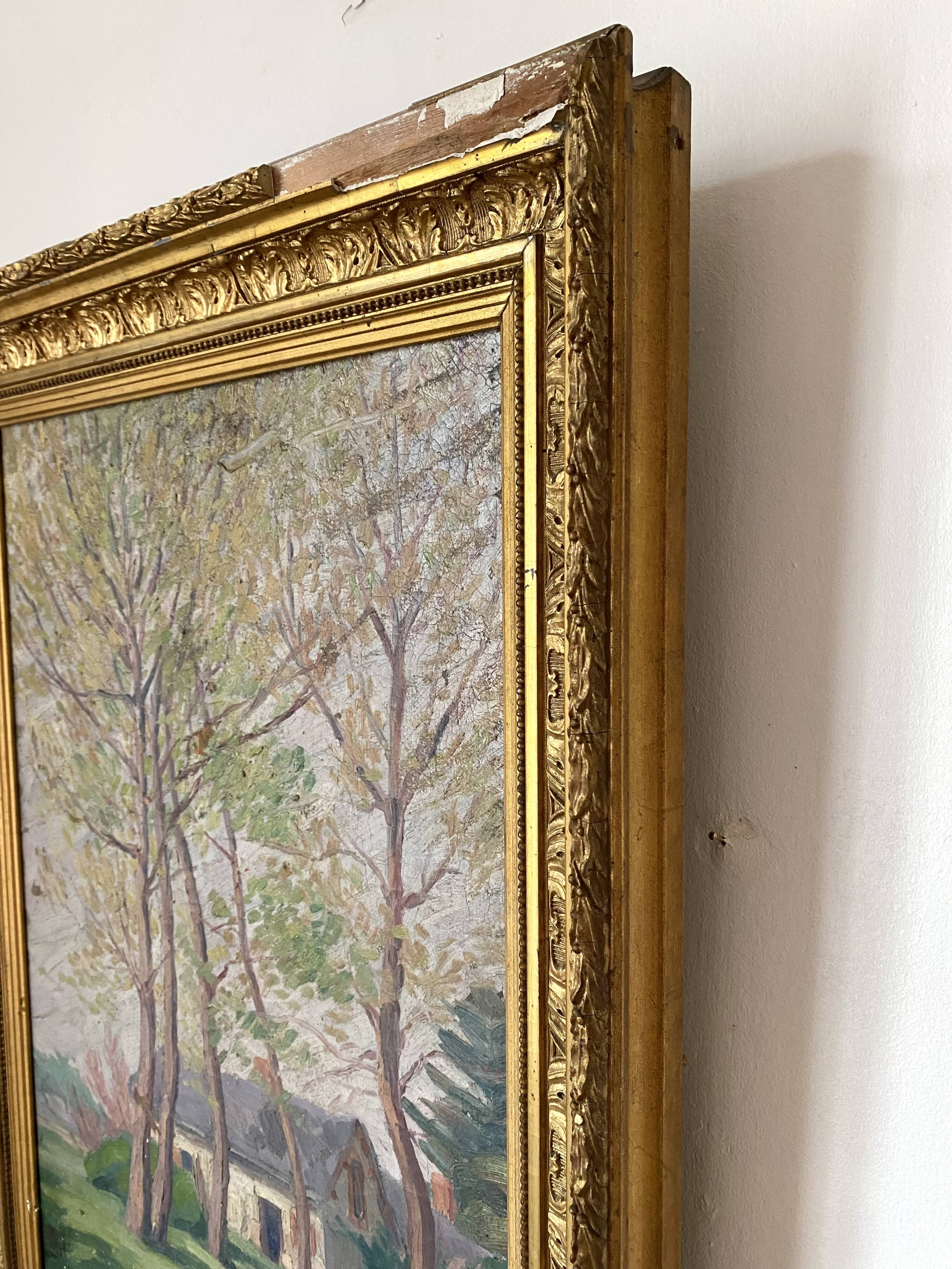 Old oil on canvas, wooded landscape with house, gilded frame.