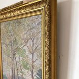 Old oil on canvas, wooded landscape with house, gilded frame.