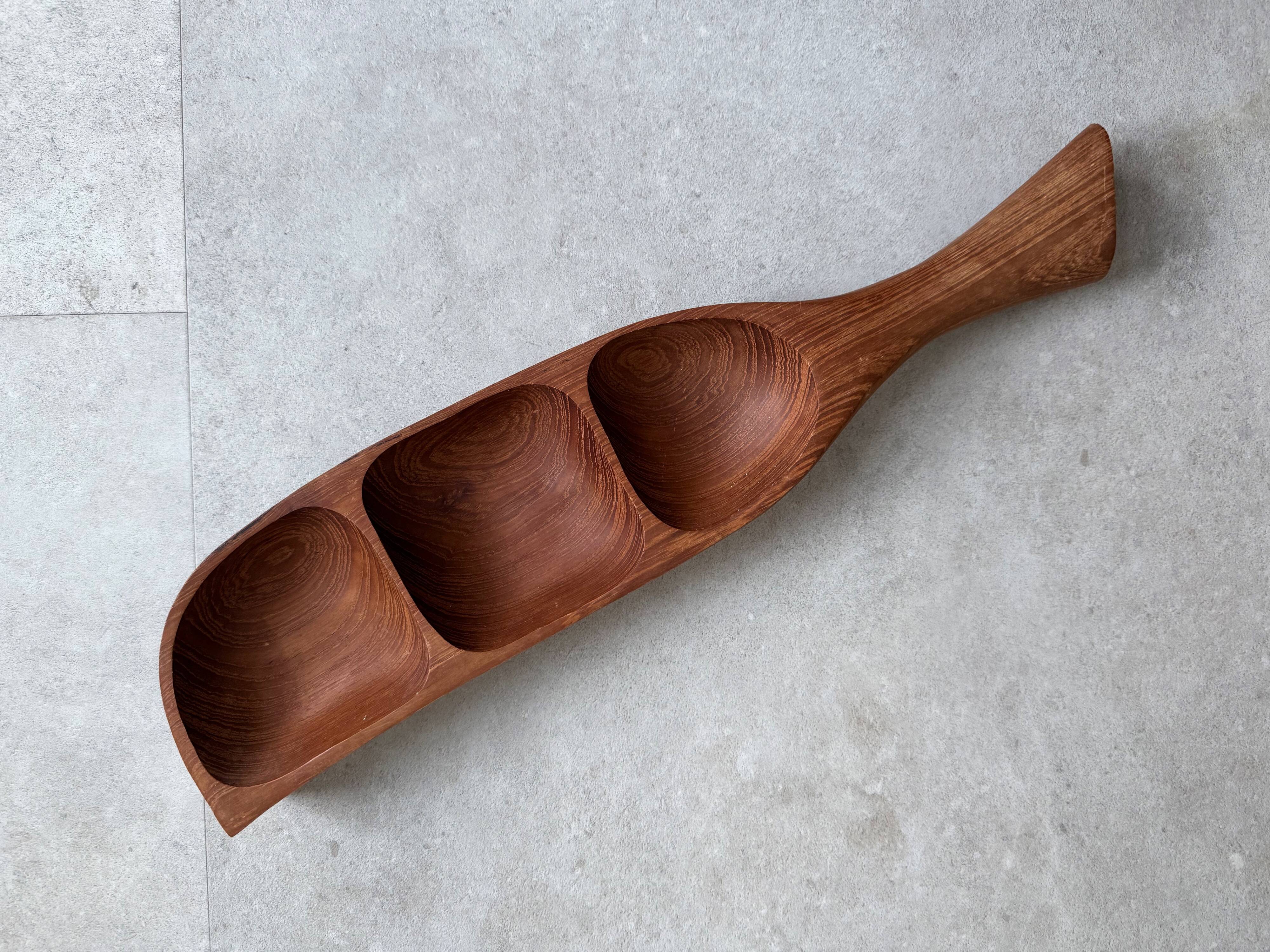 Vintage teak serving dish with 3 sections #2