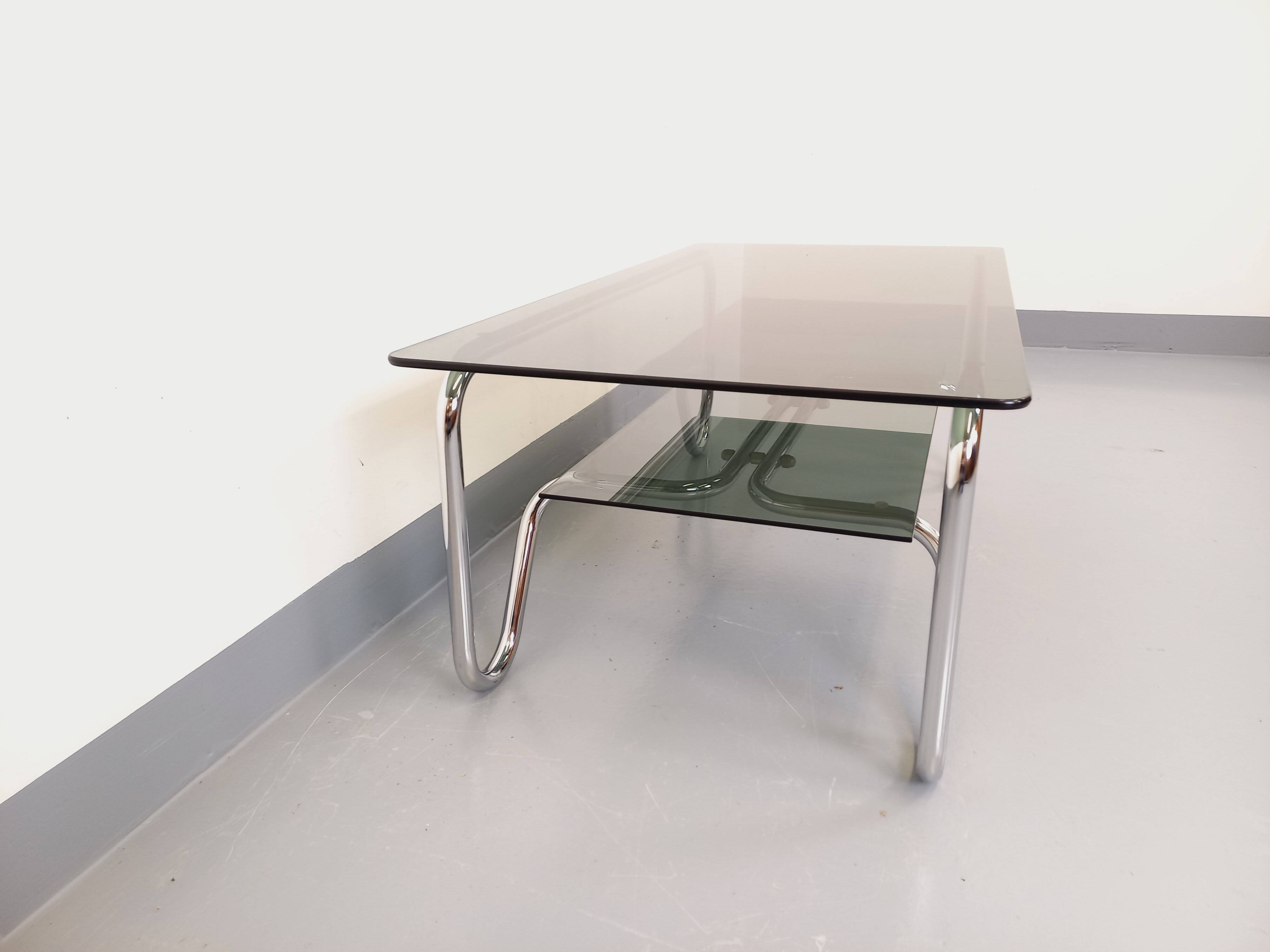 Vintage Italian rectangular coffee table with 2 smoked glass tops