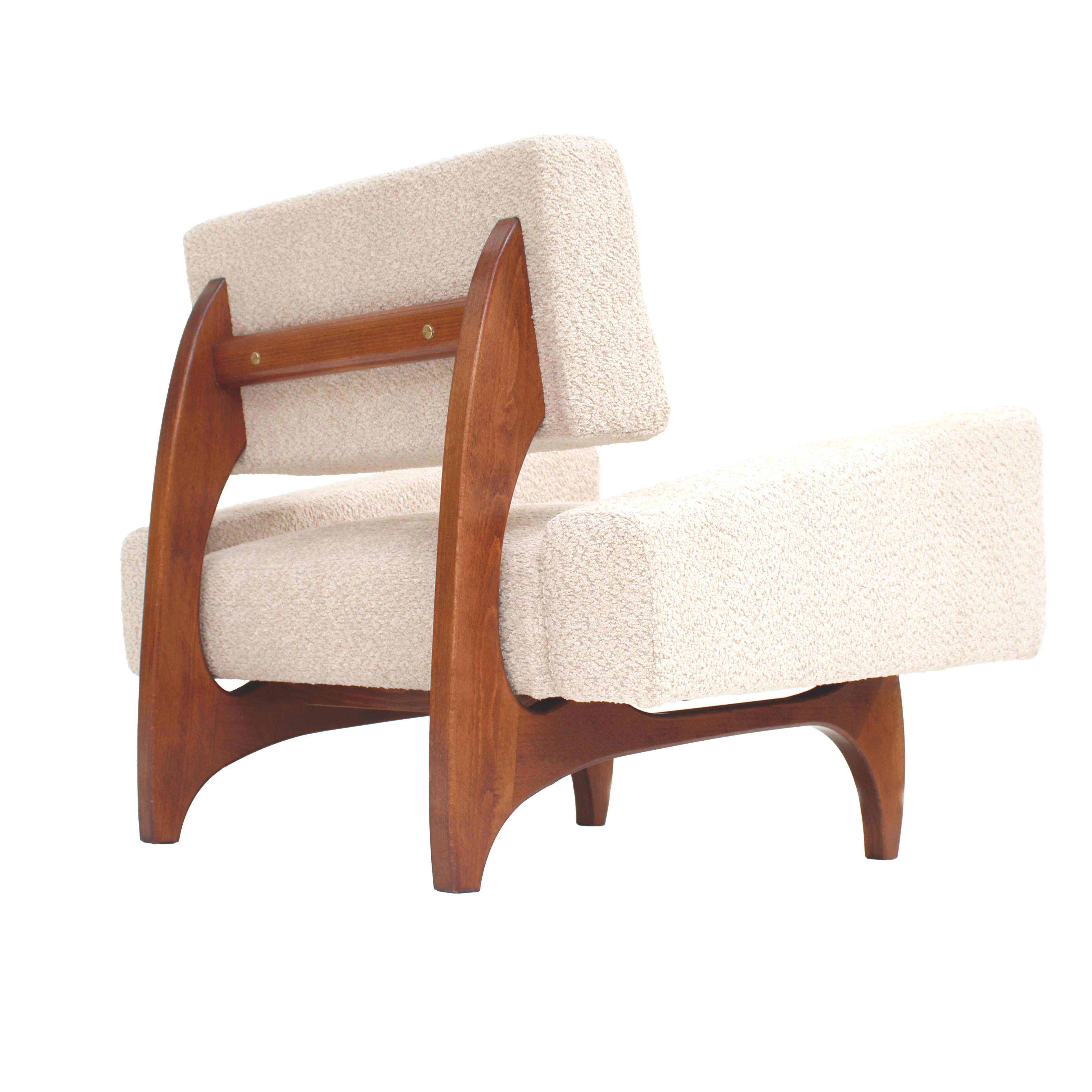Pair of Italian Contemporary Walnut Armchairs with White Bouclé Upholstery
