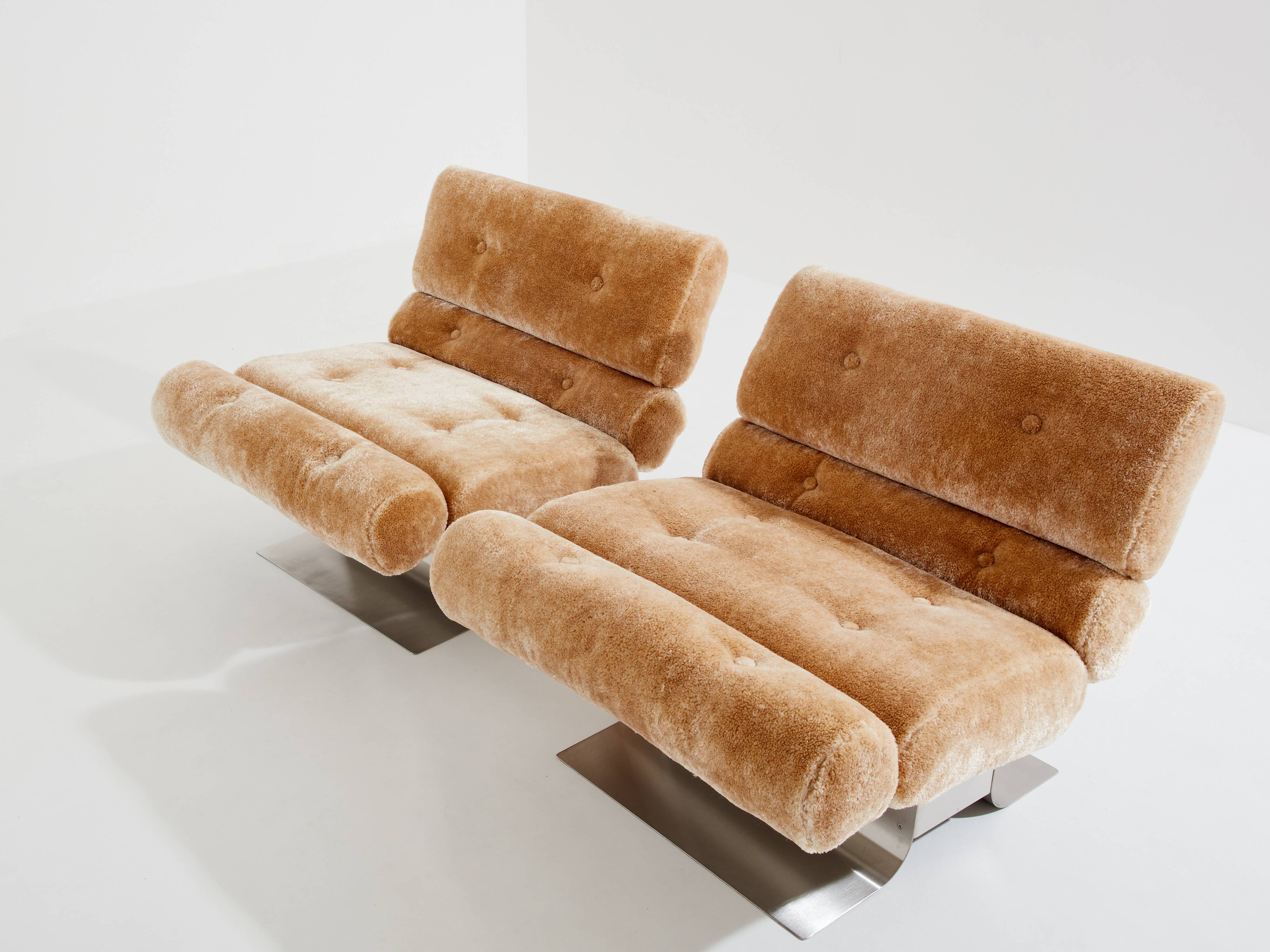 Pair of steel and Mohair velvet armchairs by François Monnet 1970