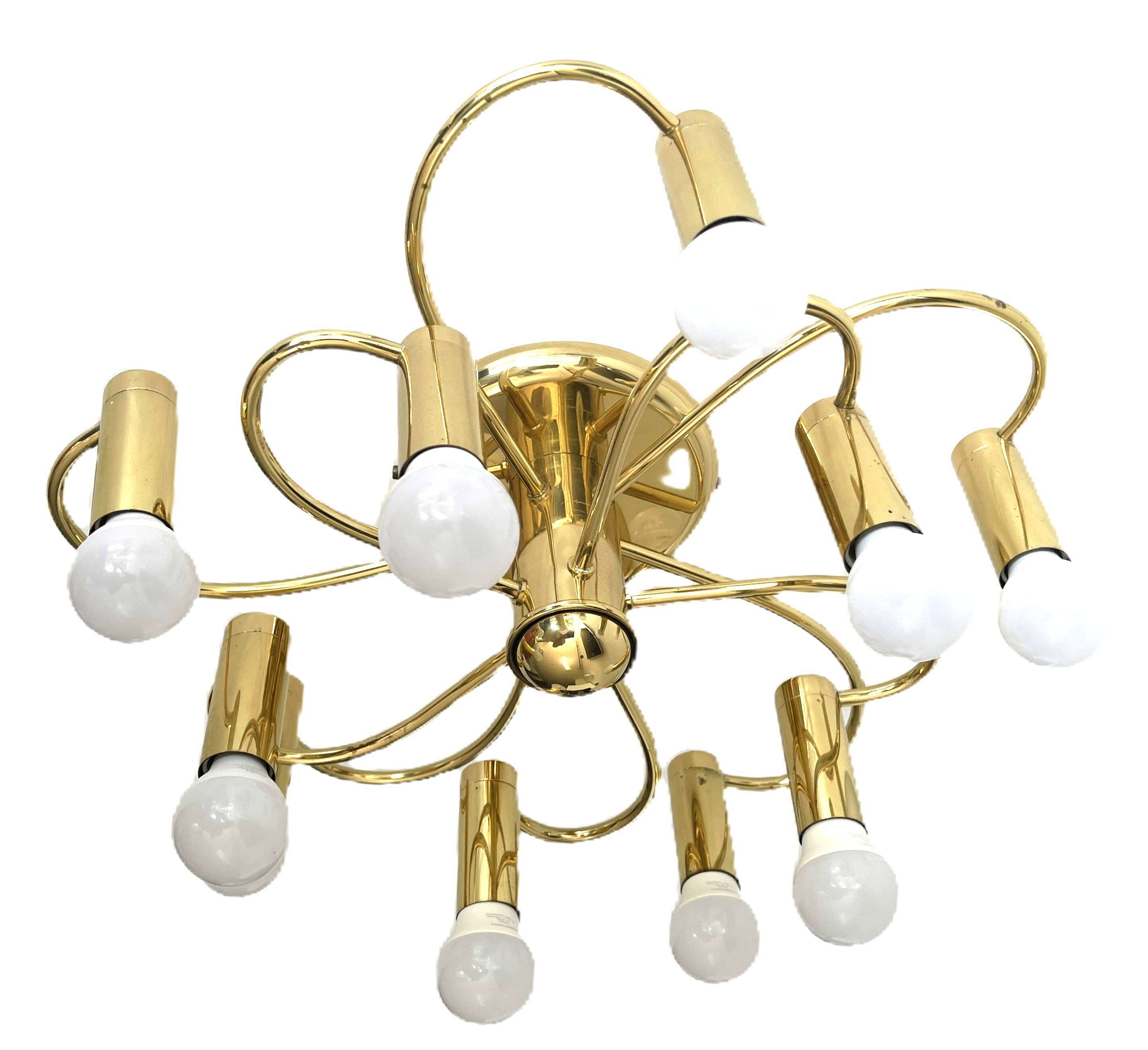 Honsel Leuchten ceiling light with 10 brass lights, Mid Century, 1970s.
