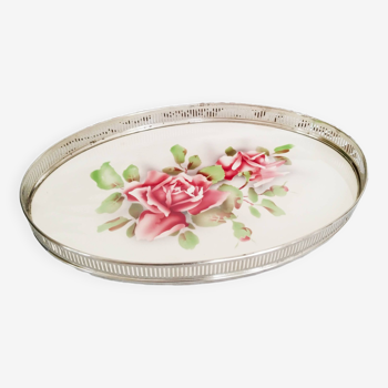 Oval tray in silver metal and porcelain, art deco style, rose pattern, 1940s