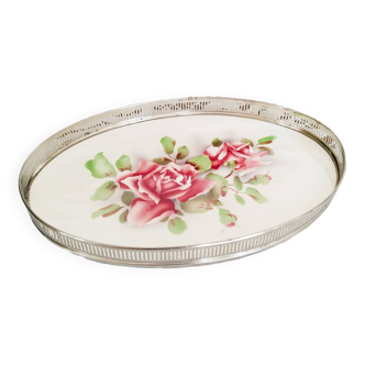 Oval tray in silver metal and porcelain, art deco style, rose pattern, 1940s