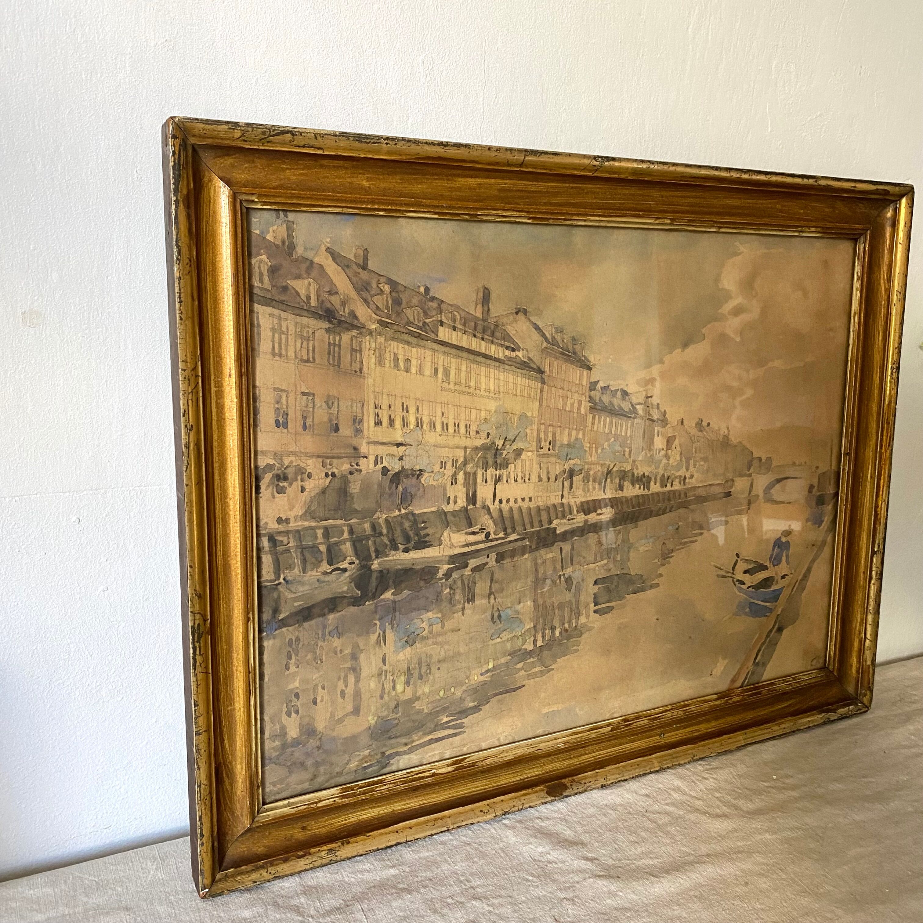 Old framed river watercolor 45.5 X 59