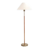 Paavo Tynell style floor lamp in brass and leather with linen shade