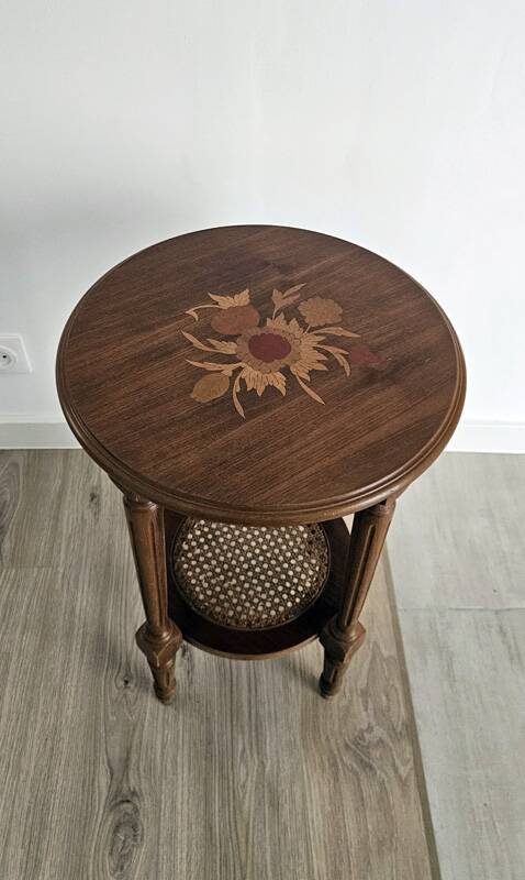 Antique marquetry side table in wood and cane.