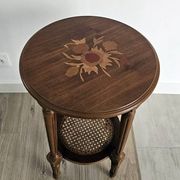 Antique marquetry side table in wood and cane.
