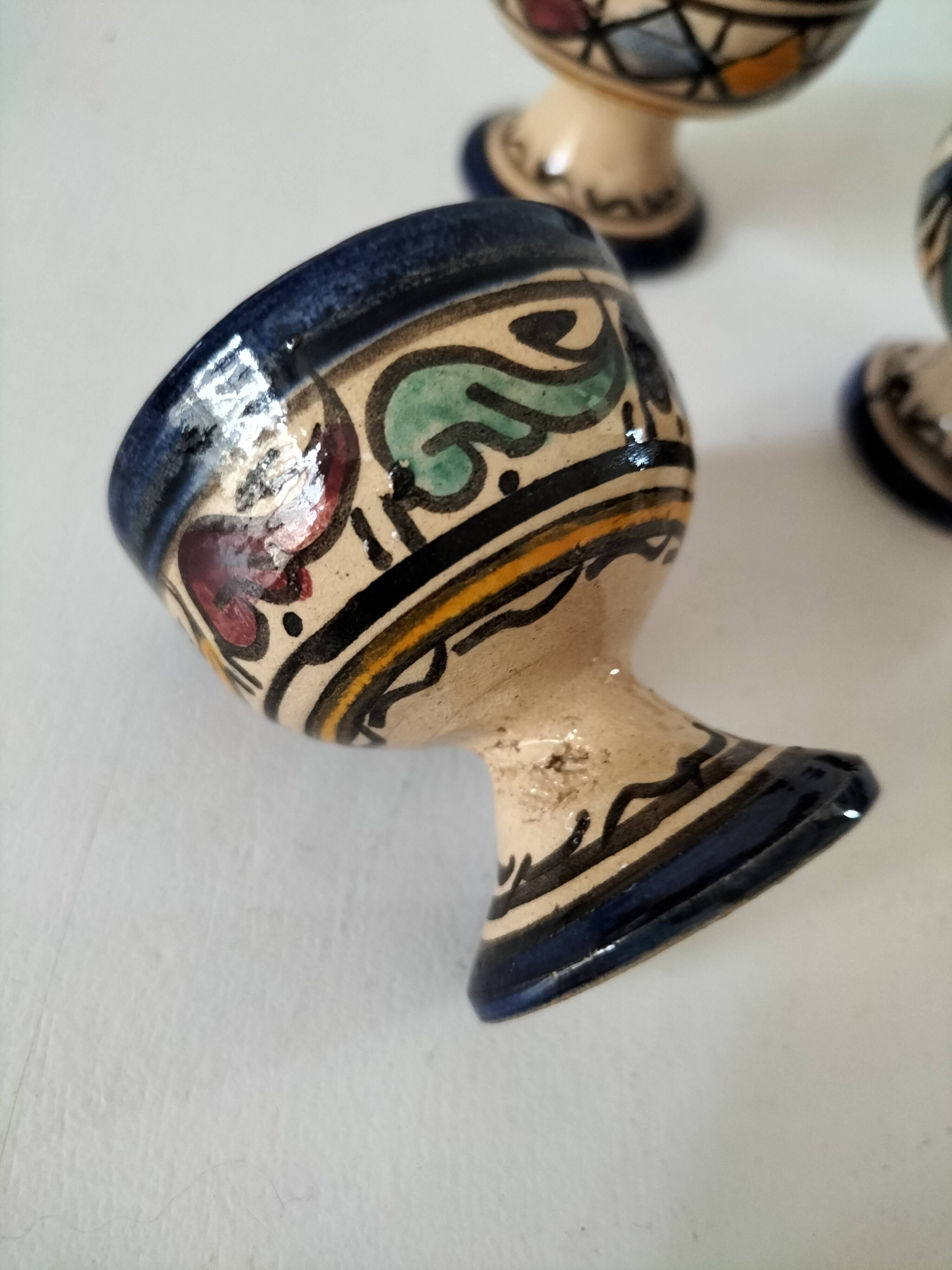 Trio of Moroccan ceramic egg cups from Fez, stamped