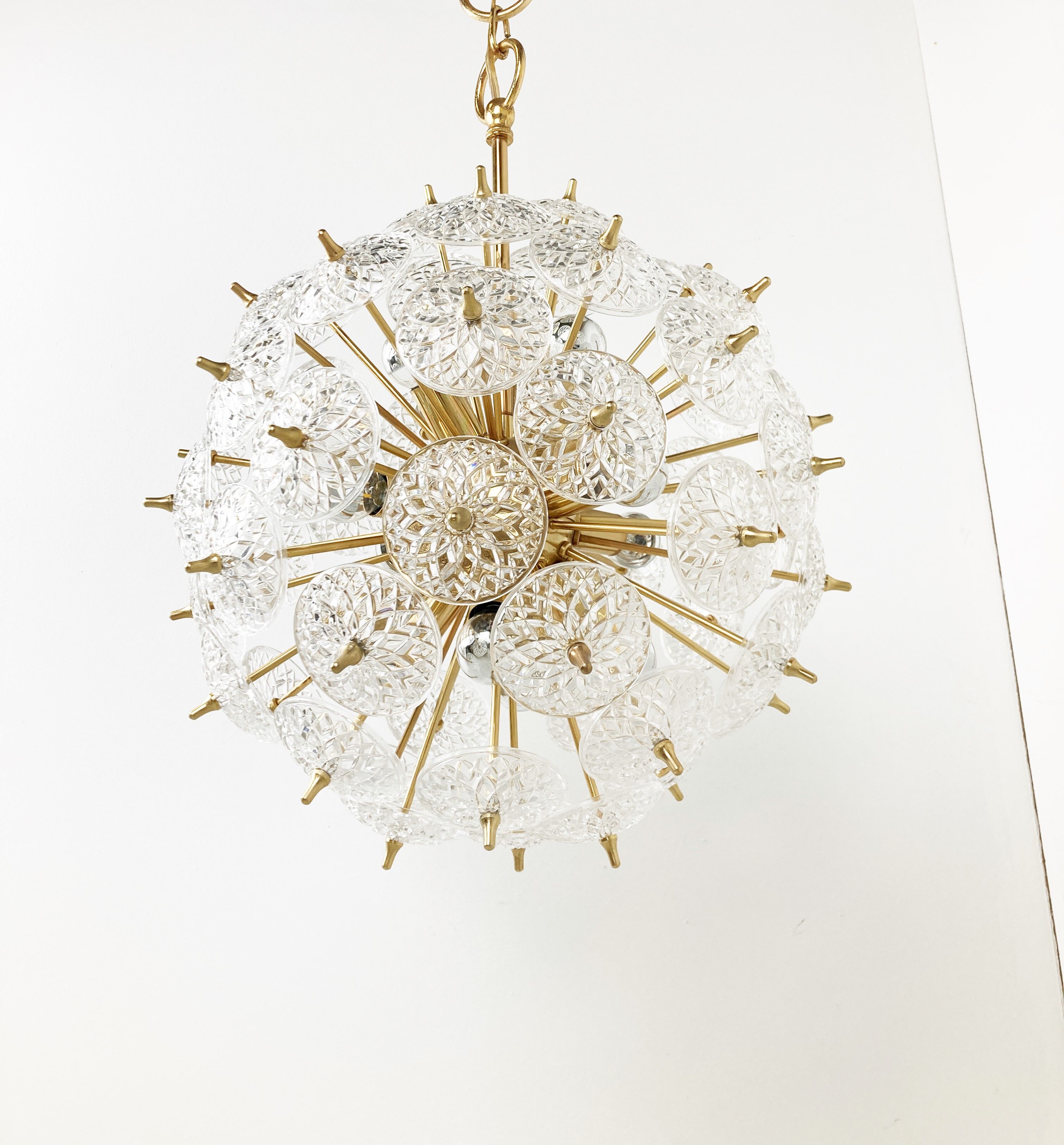 Mid century brass and crystal sputnik chandelier by Val saint lambert, 1960s