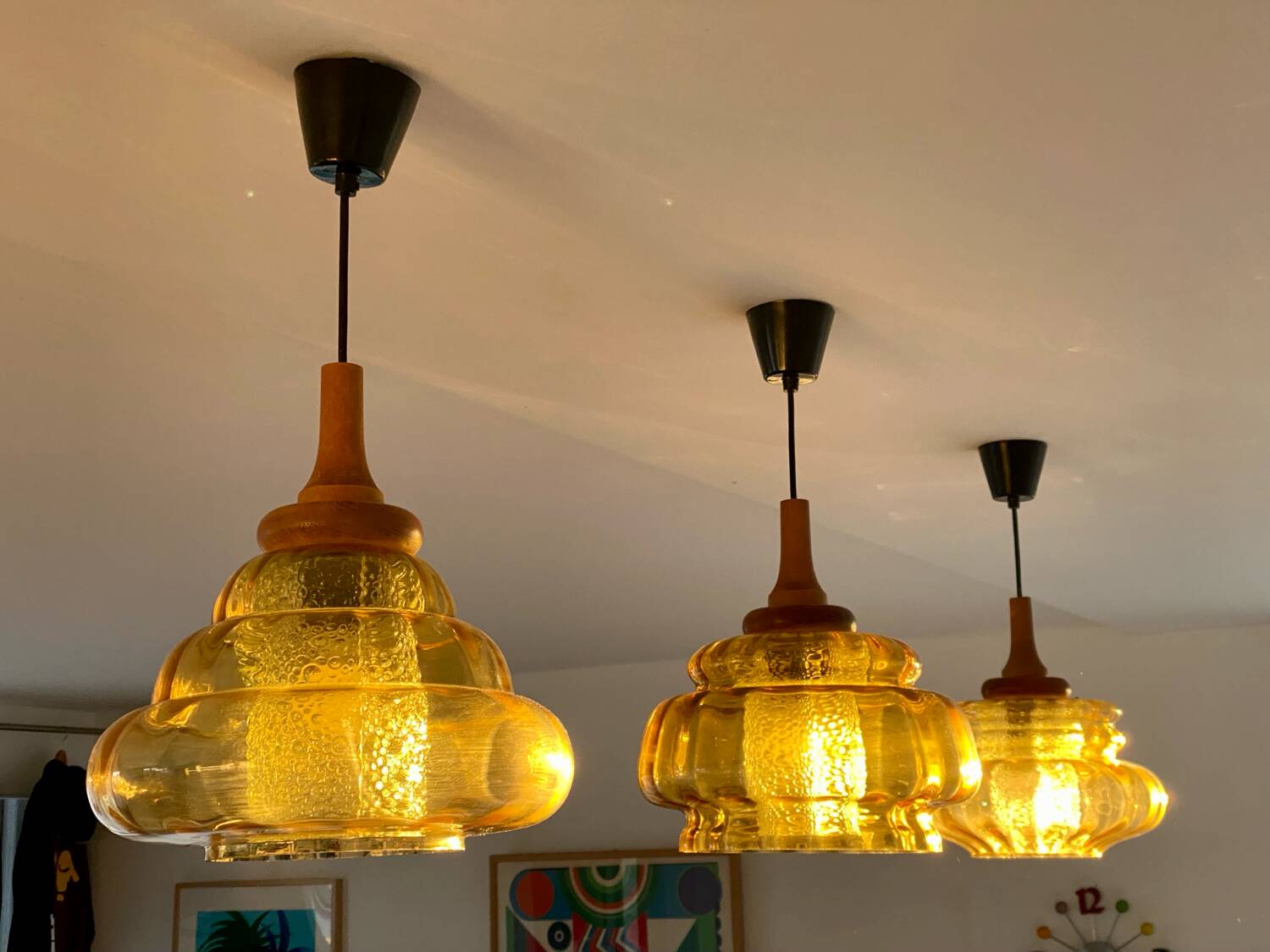 Trio of 3 glass chandelier suspensions GDR 1970 Veb Narva