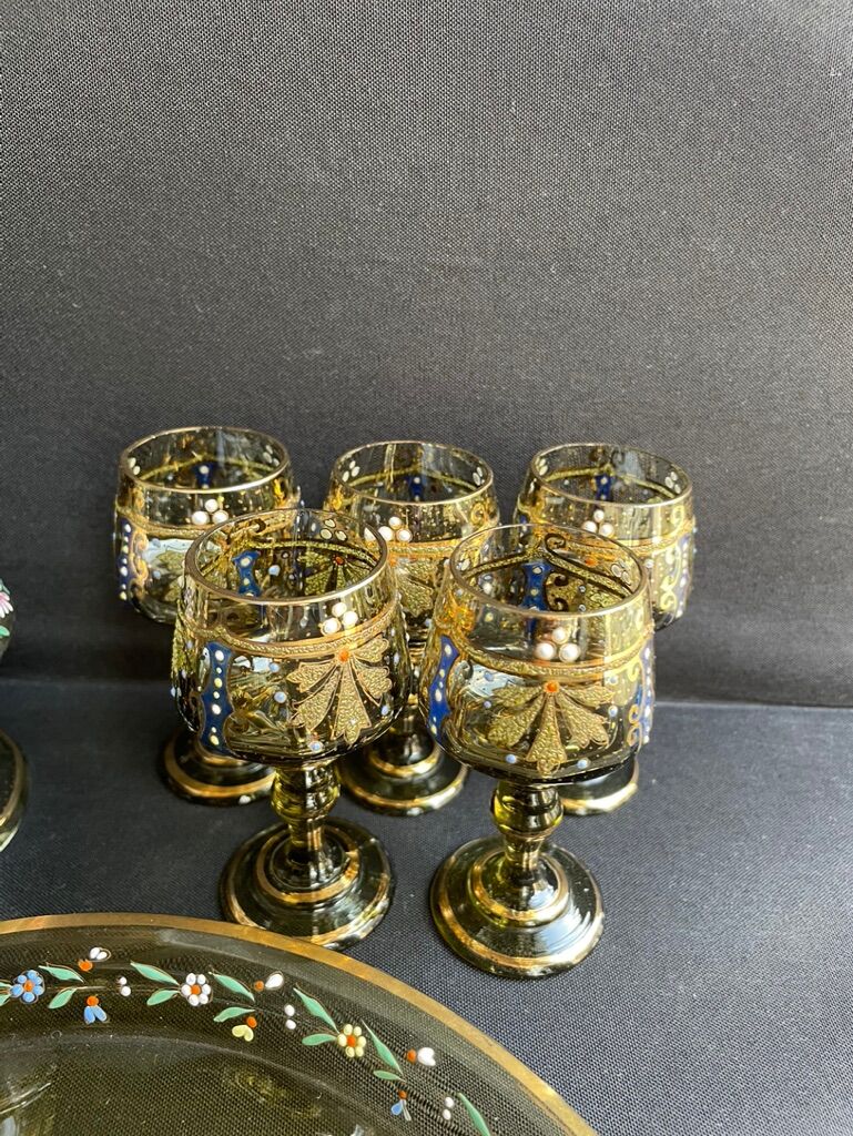 Amber crystal enamel and gilded liquor service