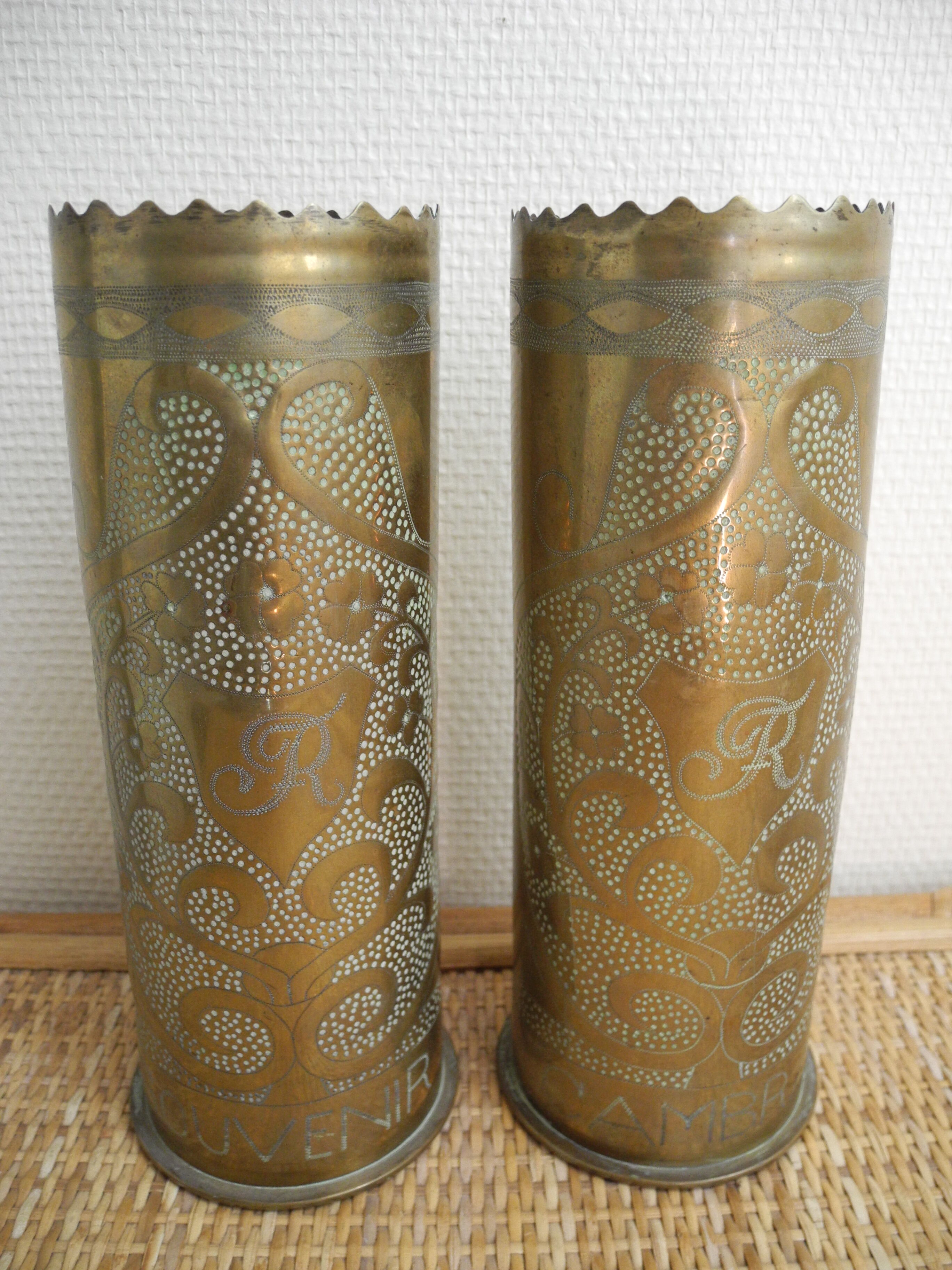 Pair of vases with engraved shell casings, WW1 trench art