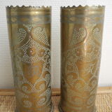 Pair of vases with engraved shell casings, WW1 trench art