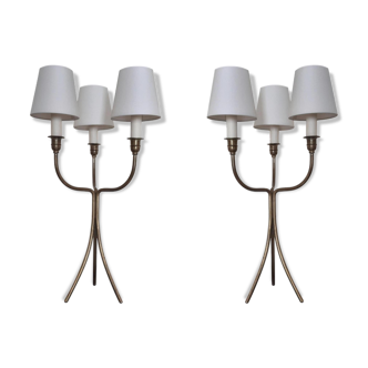 Pair of brass tripod lamps, 1950