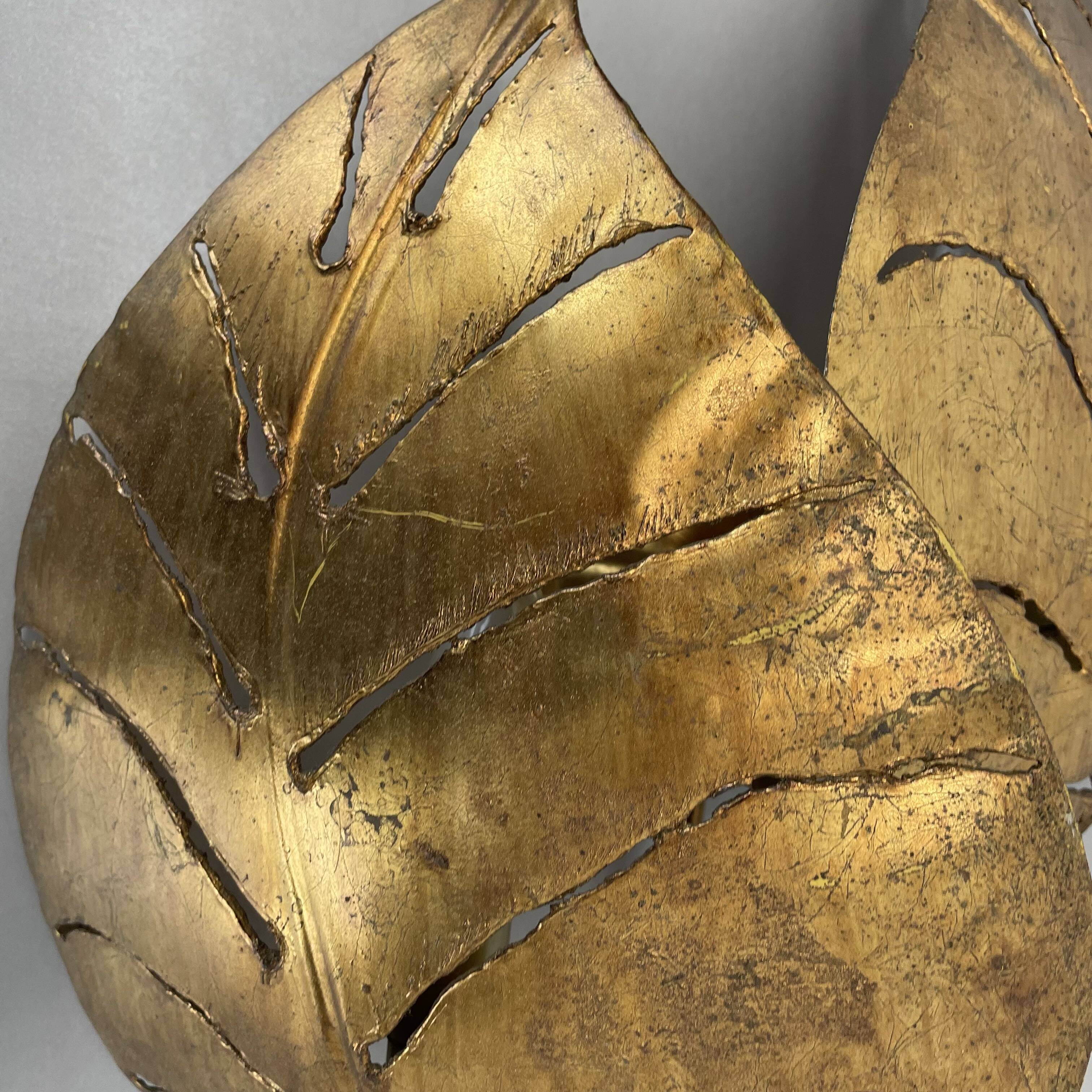 Golden metal "monstera" leaf wall light sconce, france, 1970s
