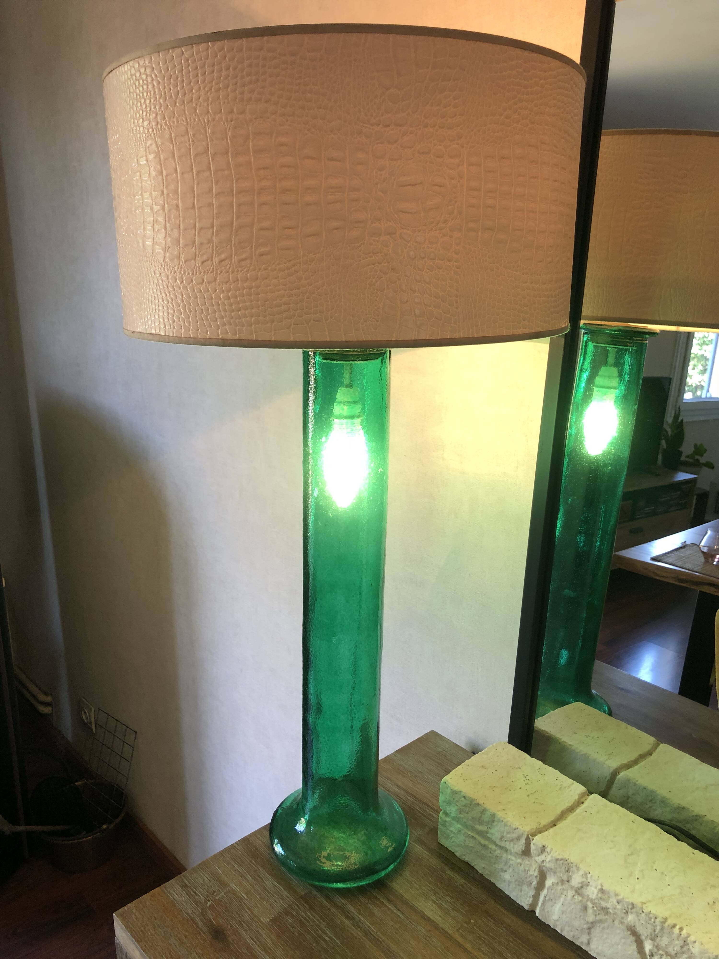 Retro table lamp with glass base and crocodile effect leather shade.