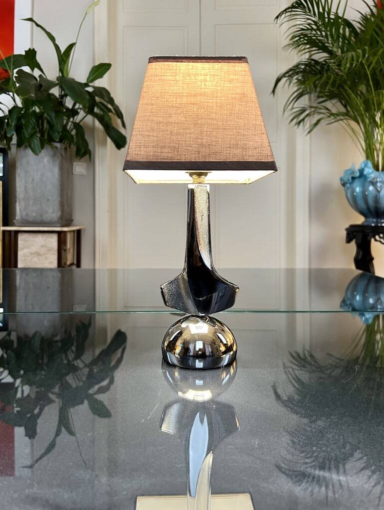 Modernist Art Deco Table Lamp in Chromed Metal - Textile Lampshade