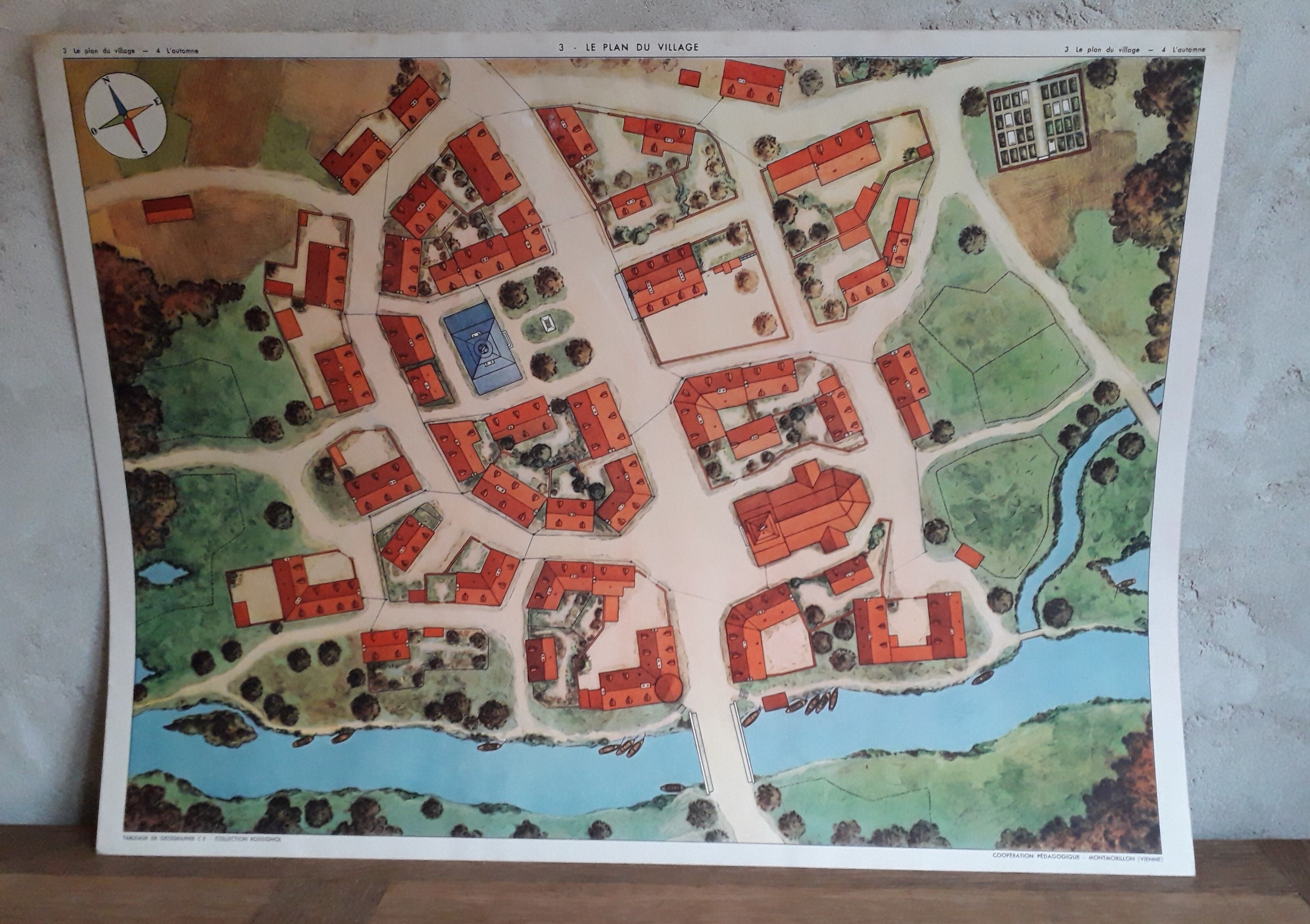 50s school poster Rossignol collection, autumn-the village plan