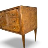 Veneered burl walnut chest of drawers with light warm brown glass top